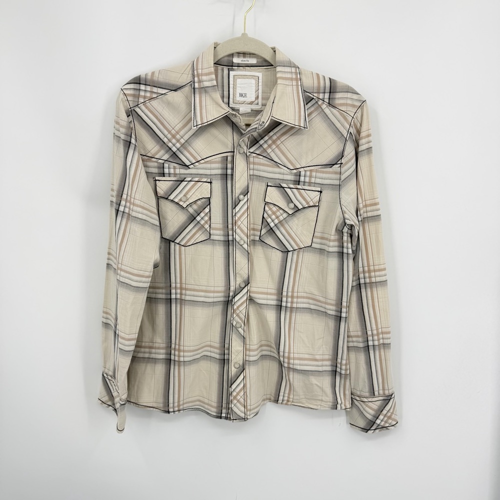 BKE plaid athletic pearl snap western shirt‎ white black brown contrast stitch M